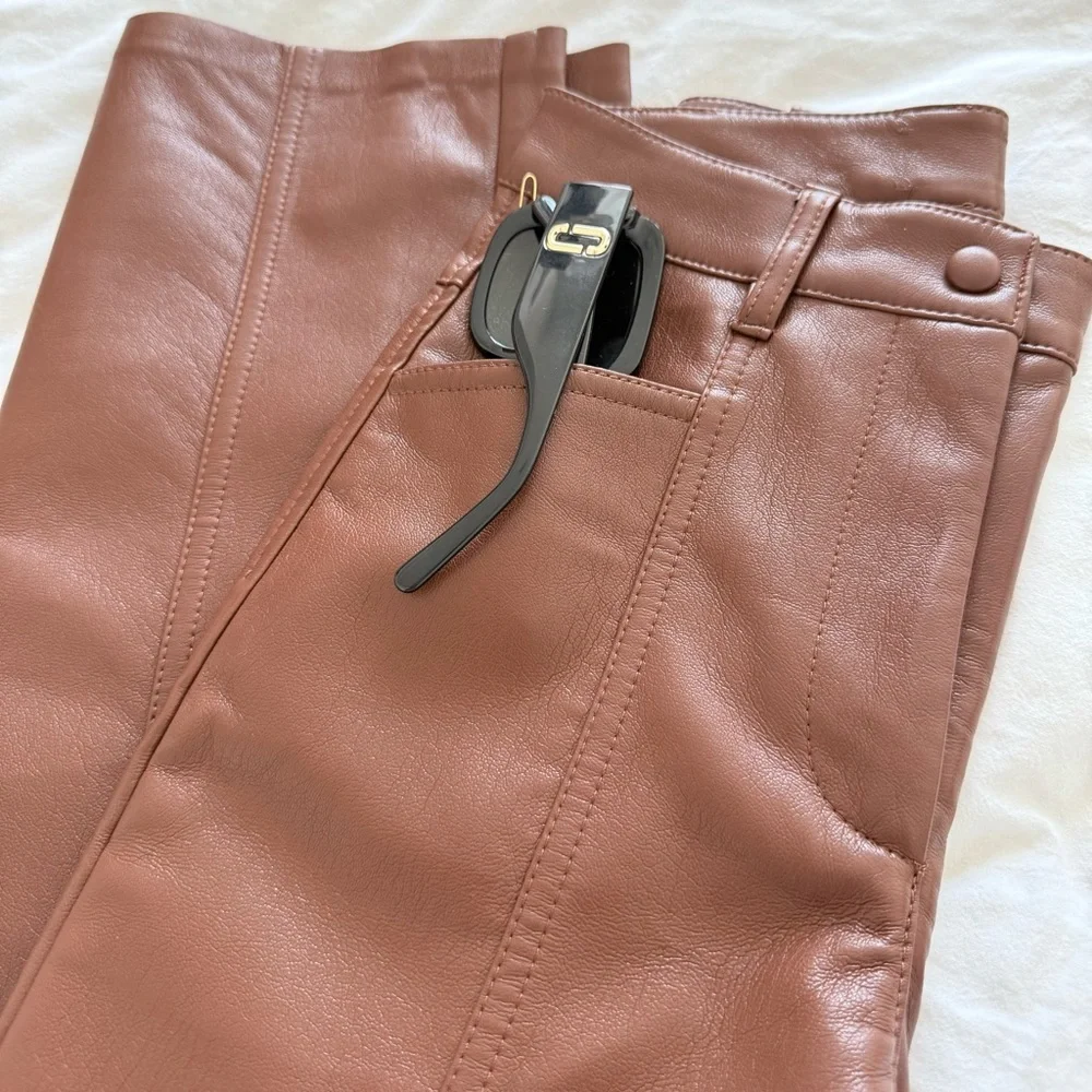 Aritzia Wilfred Rebel Vegan Leather Pants Brown Straight Leg Size 00 - Picture 7 of 13